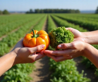 Hands carefully selecting fresh, organic produce in a sustainable farm setting, symbolizing ethical sourcing.
