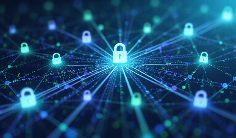 Abstract representation of data flow and cookies being processed, with privacy shields and lock icons