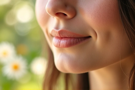 A woman's radiant skin with natural elements like flowers or water, representing beauty and youth.