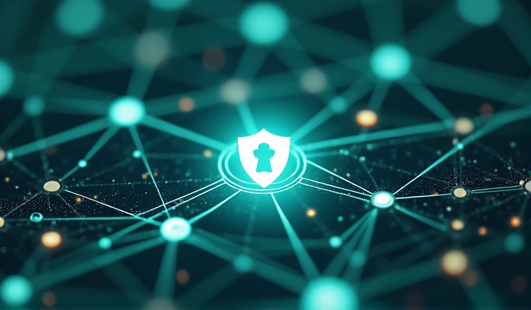 Abstract image representing digital data security with interconnected nodes and a protective shield, in calm blue and green colors.