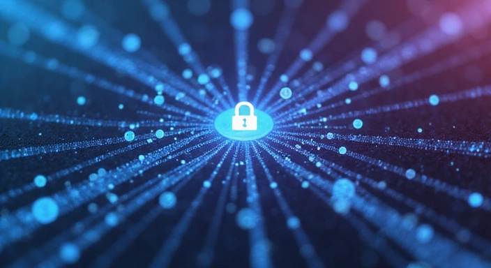 Digital illustration of data flowing securely through a network, emphasizing encryption and privacy symbols. Soft, professional lighting.