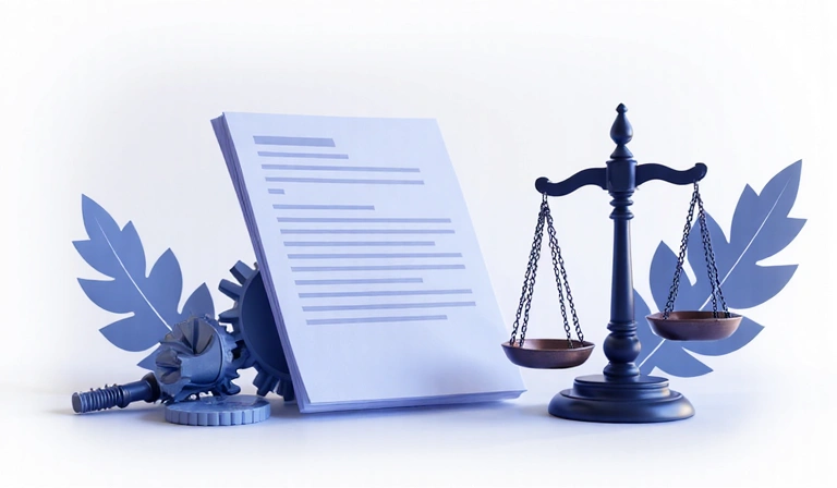 Abstract legal document with gears and scales of justice, symbolizing terms and conditions